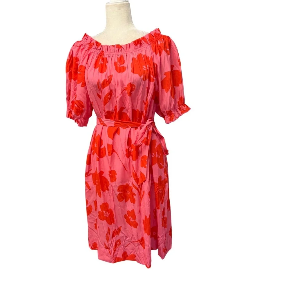 Mersea Womens Midi Dress Size L Floral Off‎ Shoulder Short Puff Sleeve Feminine